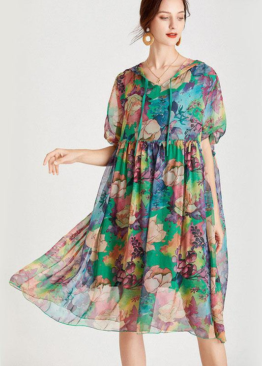 Comfy Green Loose Hooded Summer Chiffon Holiday Dress Half Sleeve