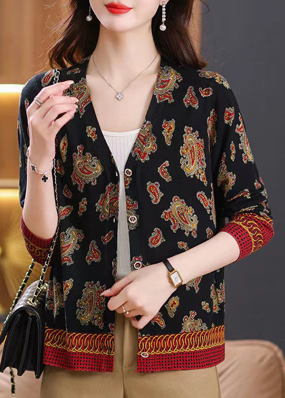 Red V Neck Button Print Wool Knit Cardigan Spring