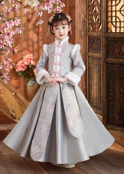 Boutique Pink Stand Collar Print Button Thick Coats and Skirts Two Pieces Set Winter