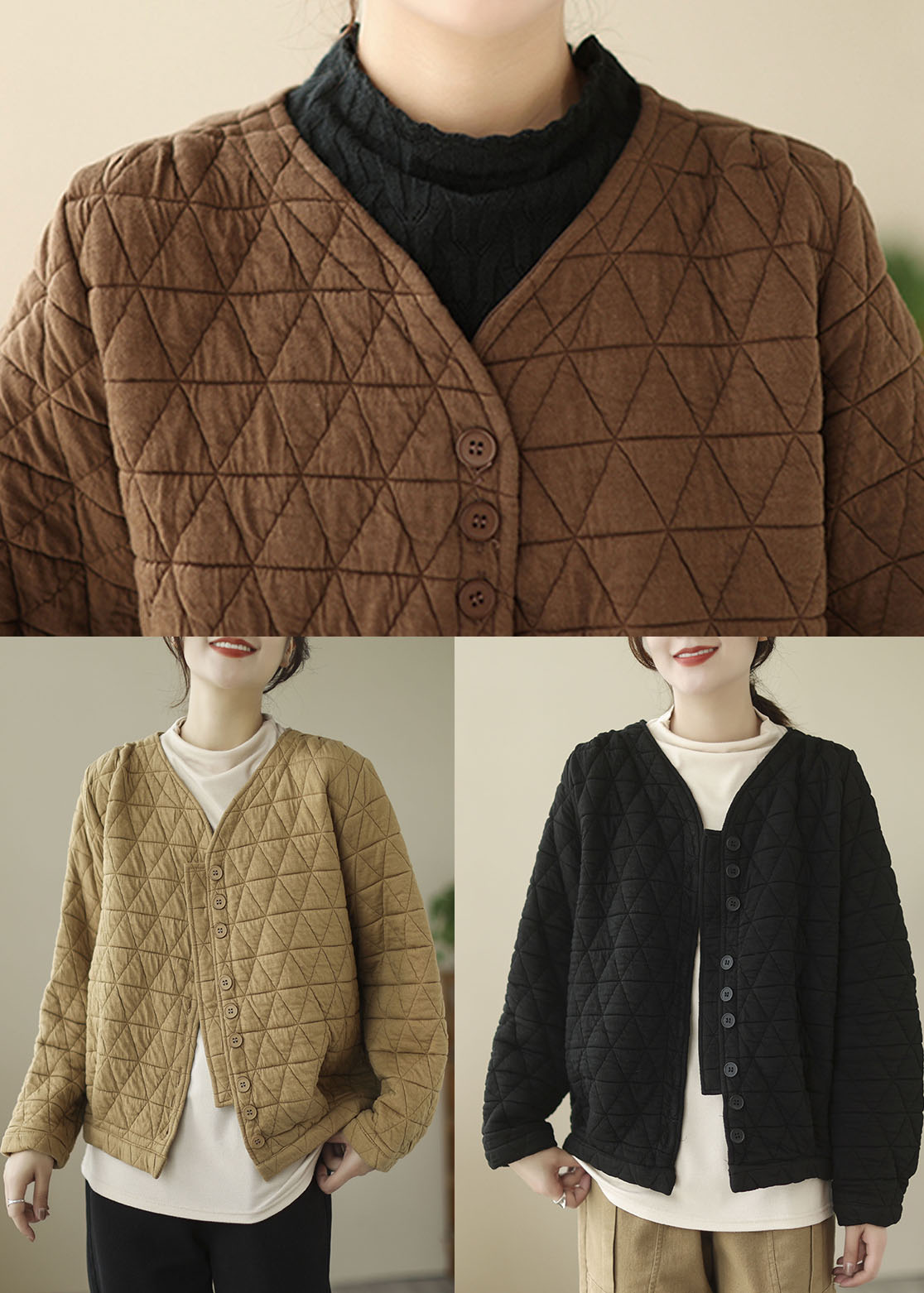 French Khaki Color Fine Cotton Filled Jackets Winter