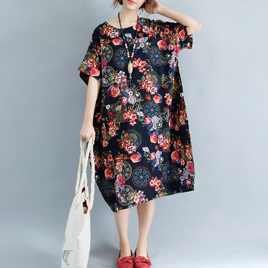 Black Long Linen Dress Prints Cotton Dress Short Sleeve Linen Dress