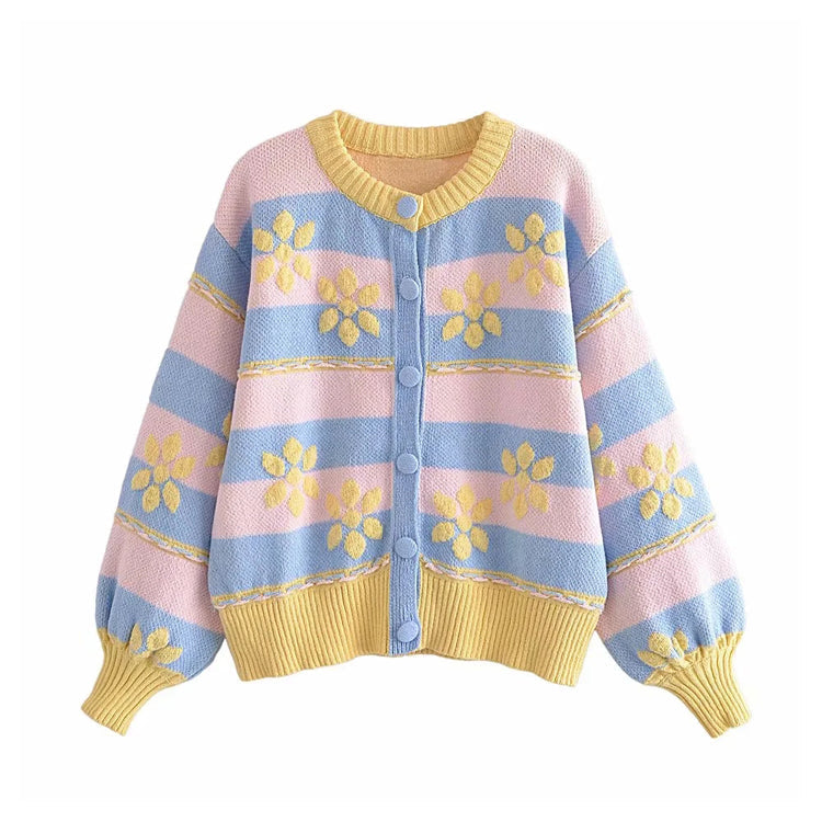 Sweet Flower Printed Jacquard Knitted Coat Cardigan 7302