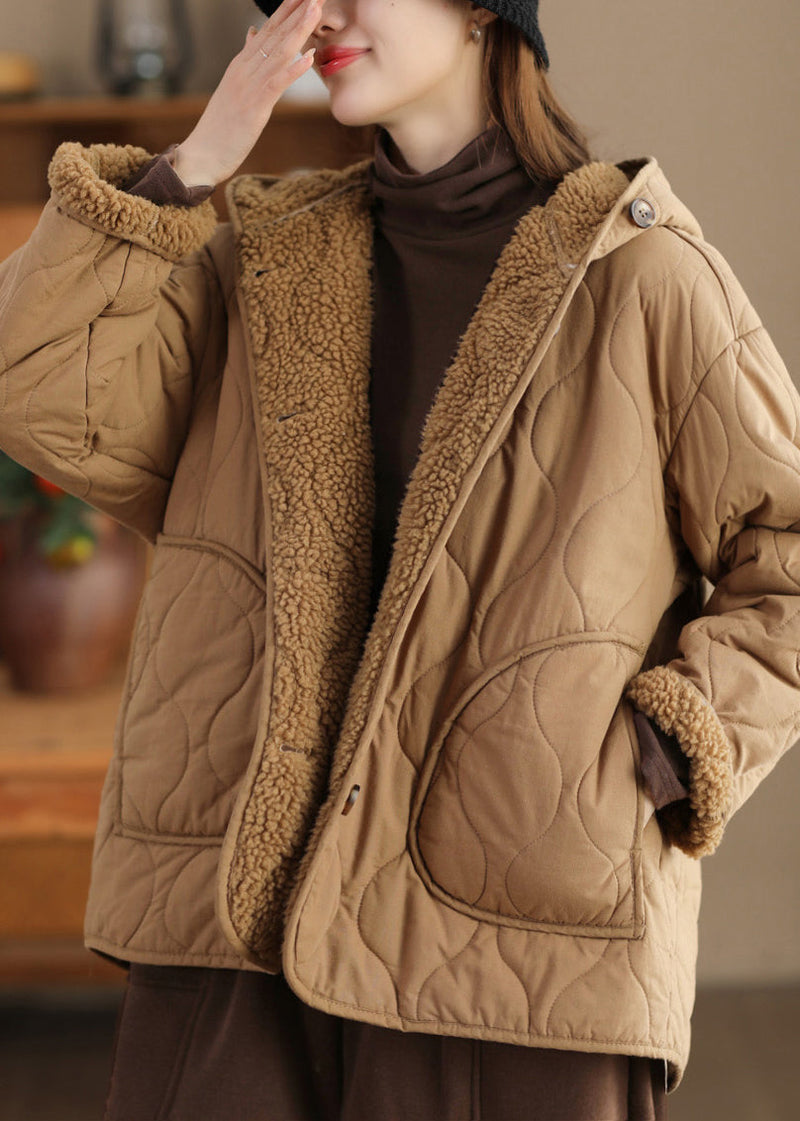 Khaki Oversized Fleece Wool Lined Hooded Jacket Spring
