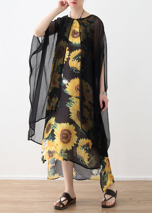 Style Yellow Print Chiffon Clothes Neckline O Neck False Two Pieces Art Summer Dress