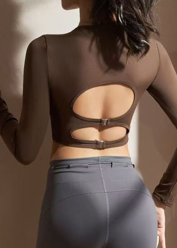 Coffee Hollow Out Backless Crop Top