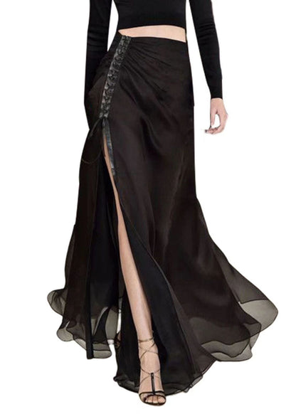 Black Ruffled Side Open Patchwork Chiffon Skirt Summer