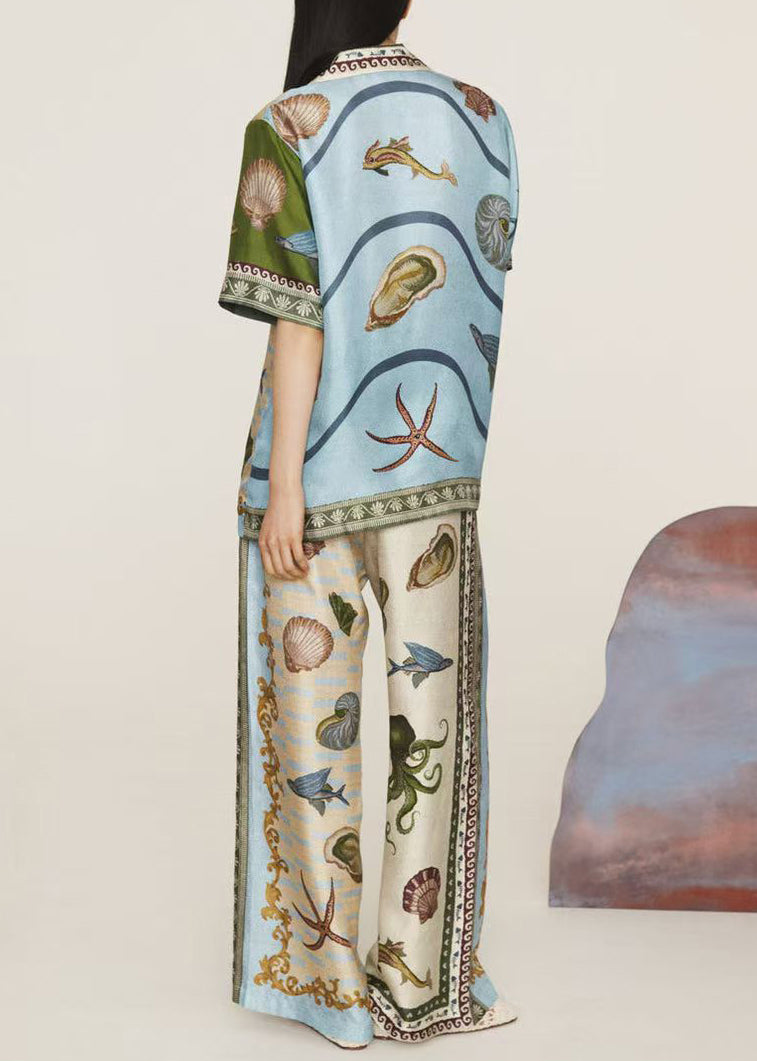 Apricot Peter Pan Collar Button Shirts and Wide Leg Pants Two-piece Set Summer
