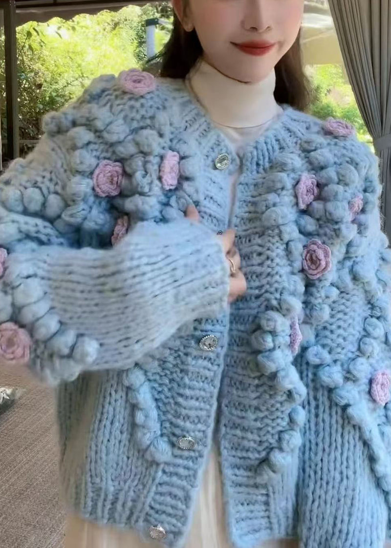 Blue O Neck Button Cozy Knit Coat Winter