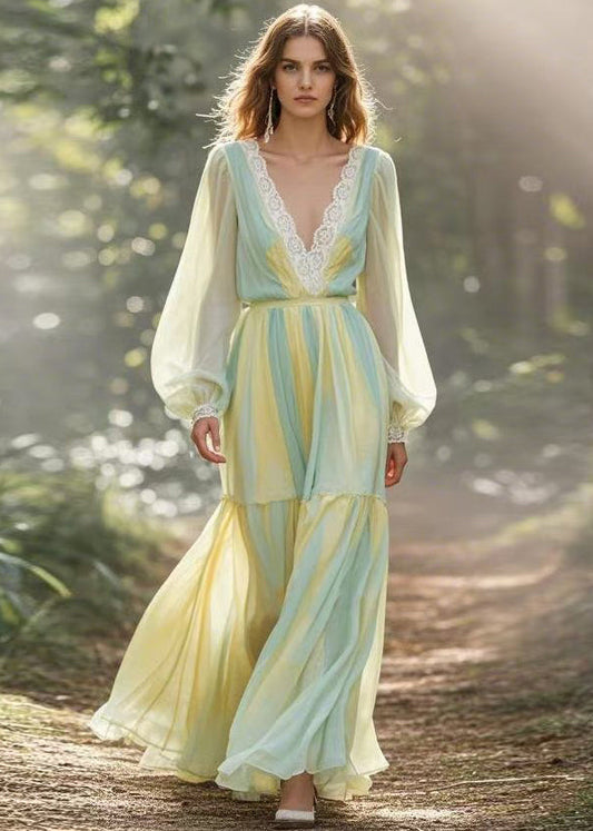 V Neck Lace Wrinkled Patchwork Chiffon Dresses Spring