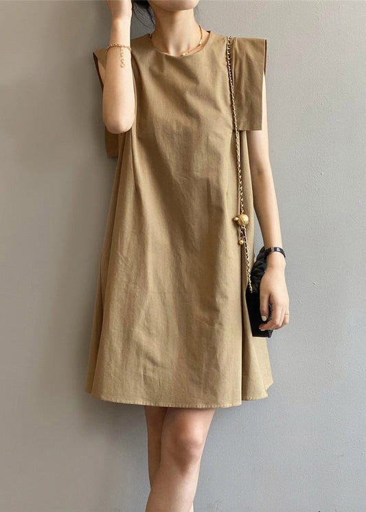 Khaki O-neck Cotton Day Dress Sleeveless