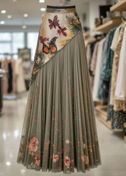 Stylish Green Asymmetrical Print Tulle Patchwork Pleated Skirt Summer