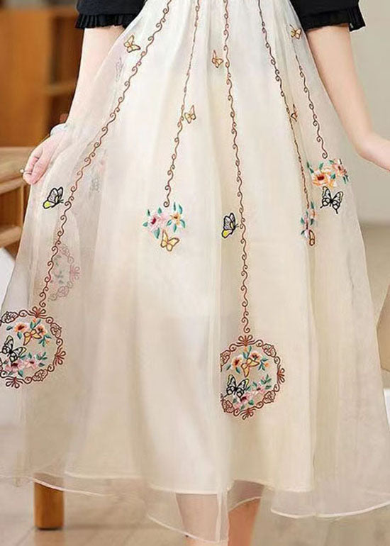 Apricot Wrinkled Embroideried Tulle Skirt Summer