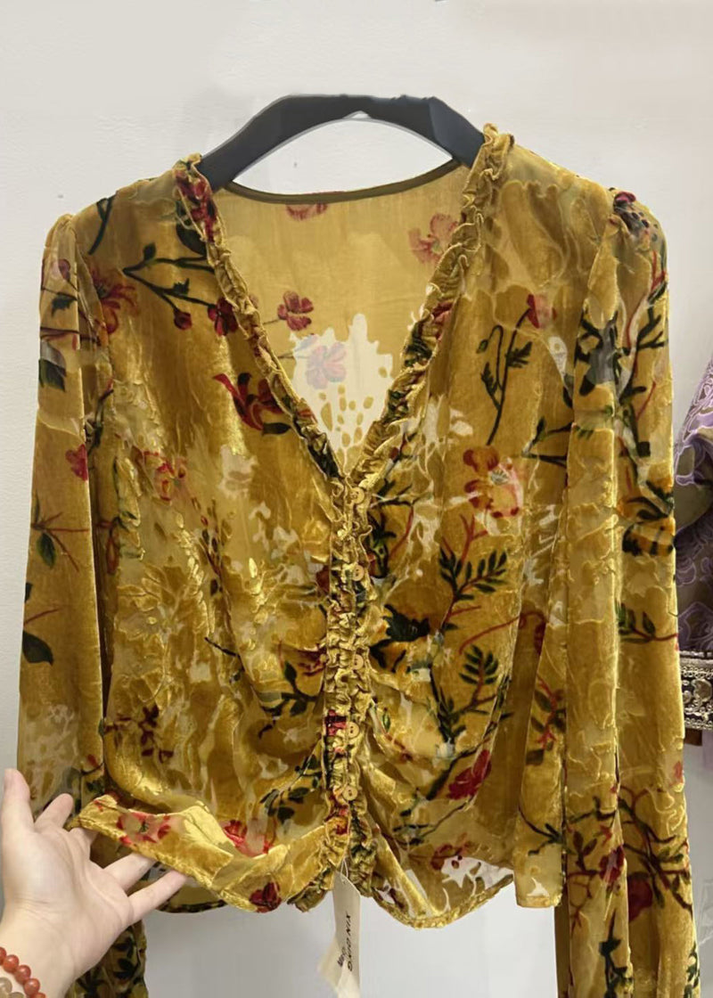 Yellow V Neck Ruffled Button Silk Velour Shirt Fall
