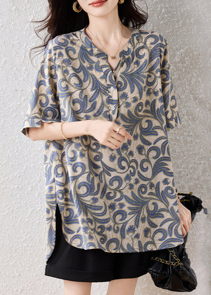 Khaki Oversized Print Cotton Blouses Summer