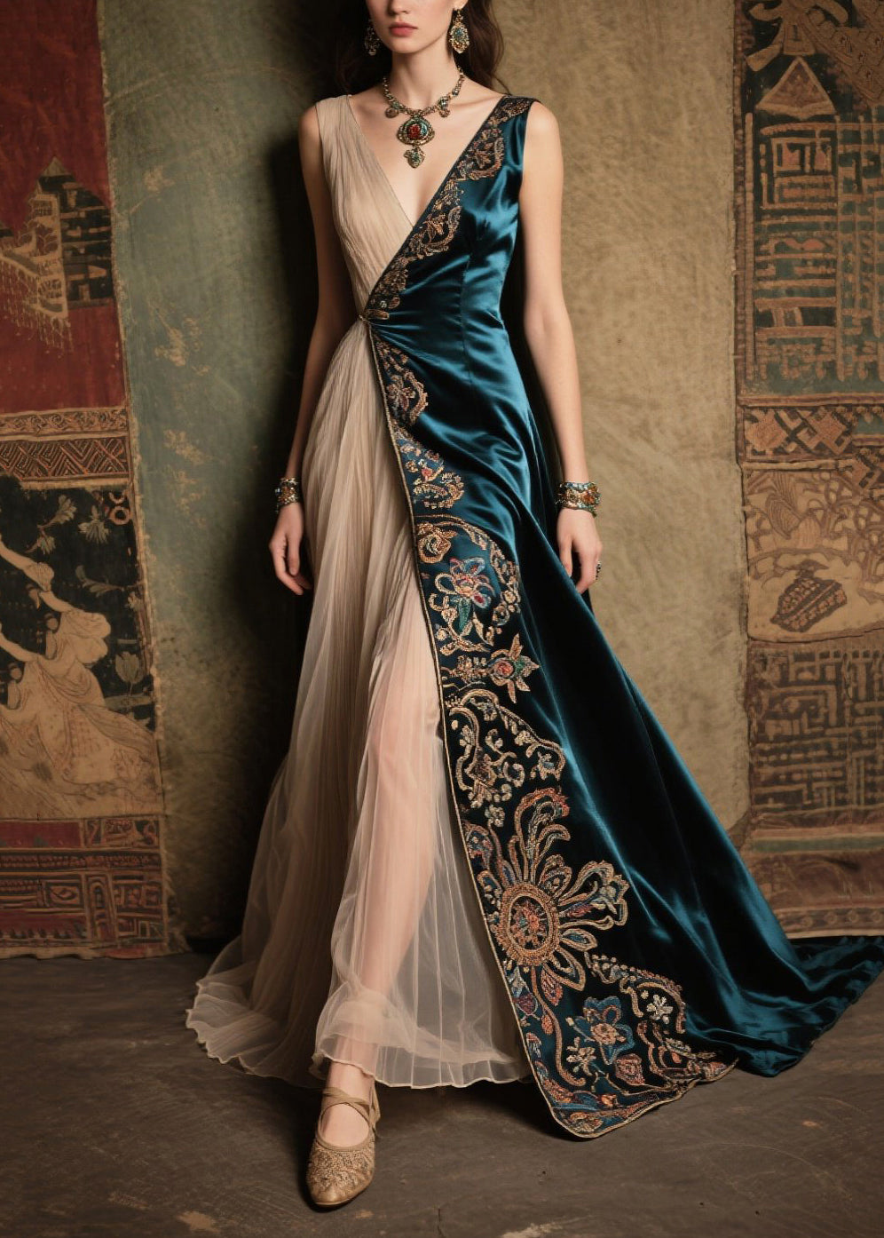 Peacock Blue Jacquard Tulle Patchwork Silk Dress Summer