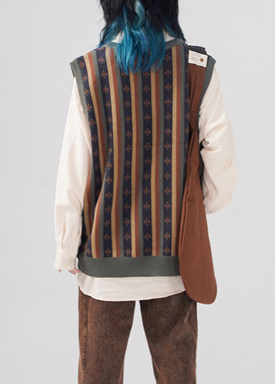 Diy Green V Neck Striped Print Knit Waistcoat Fall
