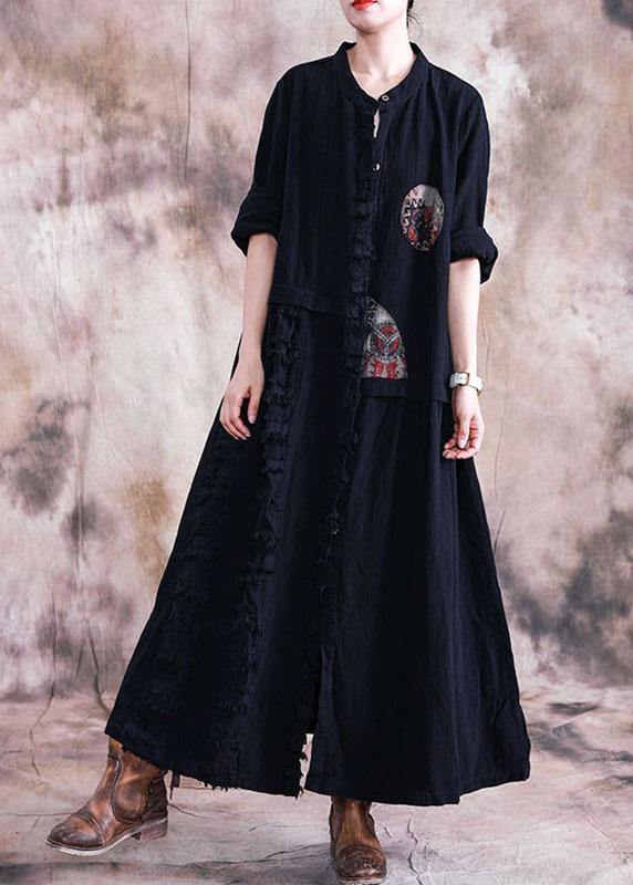 Black Cotton Overcoat Oversize Trench Coats Fall Linen Outwear Patchwork