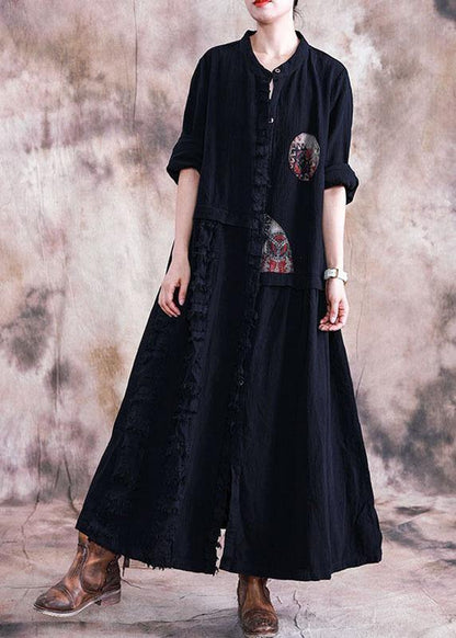Black Cotton Overcoat Oversize Trench Coats Fall Linen Outwear Patchwork
