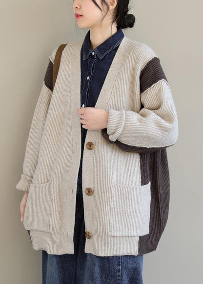 Aesthetic Beige Knit Tops V Neck Button Down Knitted Clothes