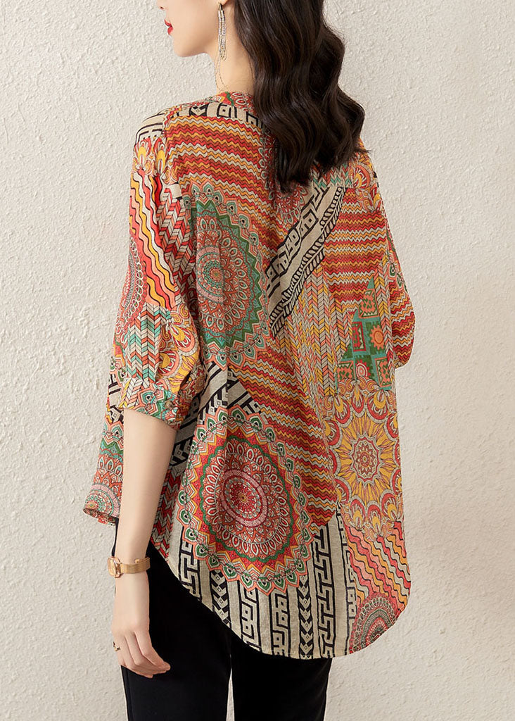 Orange V Neck Print Patchwork Chiffon T Shirt Tops Summer
