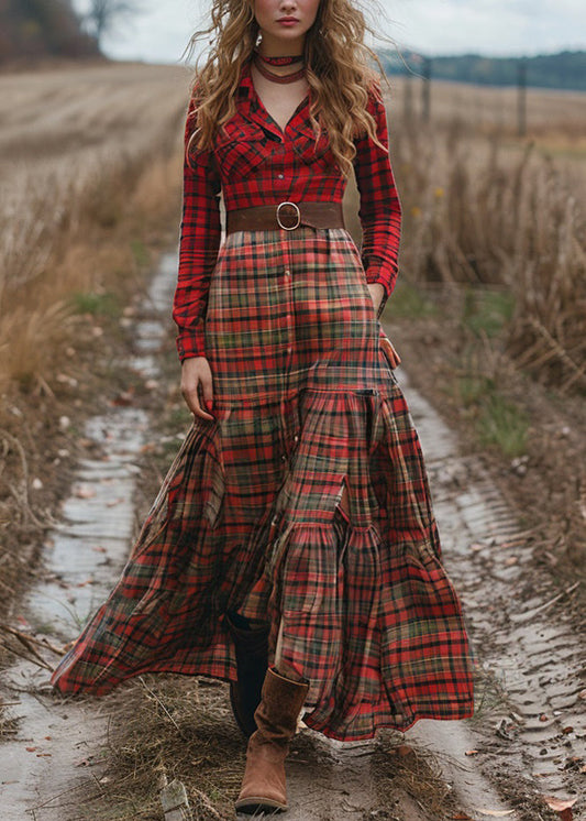 Colorblock Plaid Wrinkled Cotton Maxi Dresses Long Sleeve