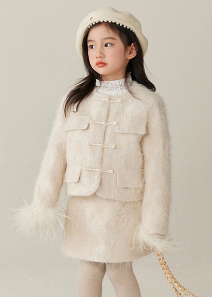 Beige O-neck Patchwork Parka and Skirts Two Pieces Set Spring