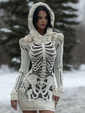 Women's Vintage Halloween Skeleton Bones With Rose Art Cozy Knit Hooded Sweater Dress artswardrobe