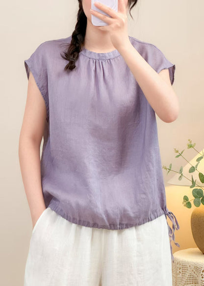 Purple Lace Up Linen Summer Shirts O Neck