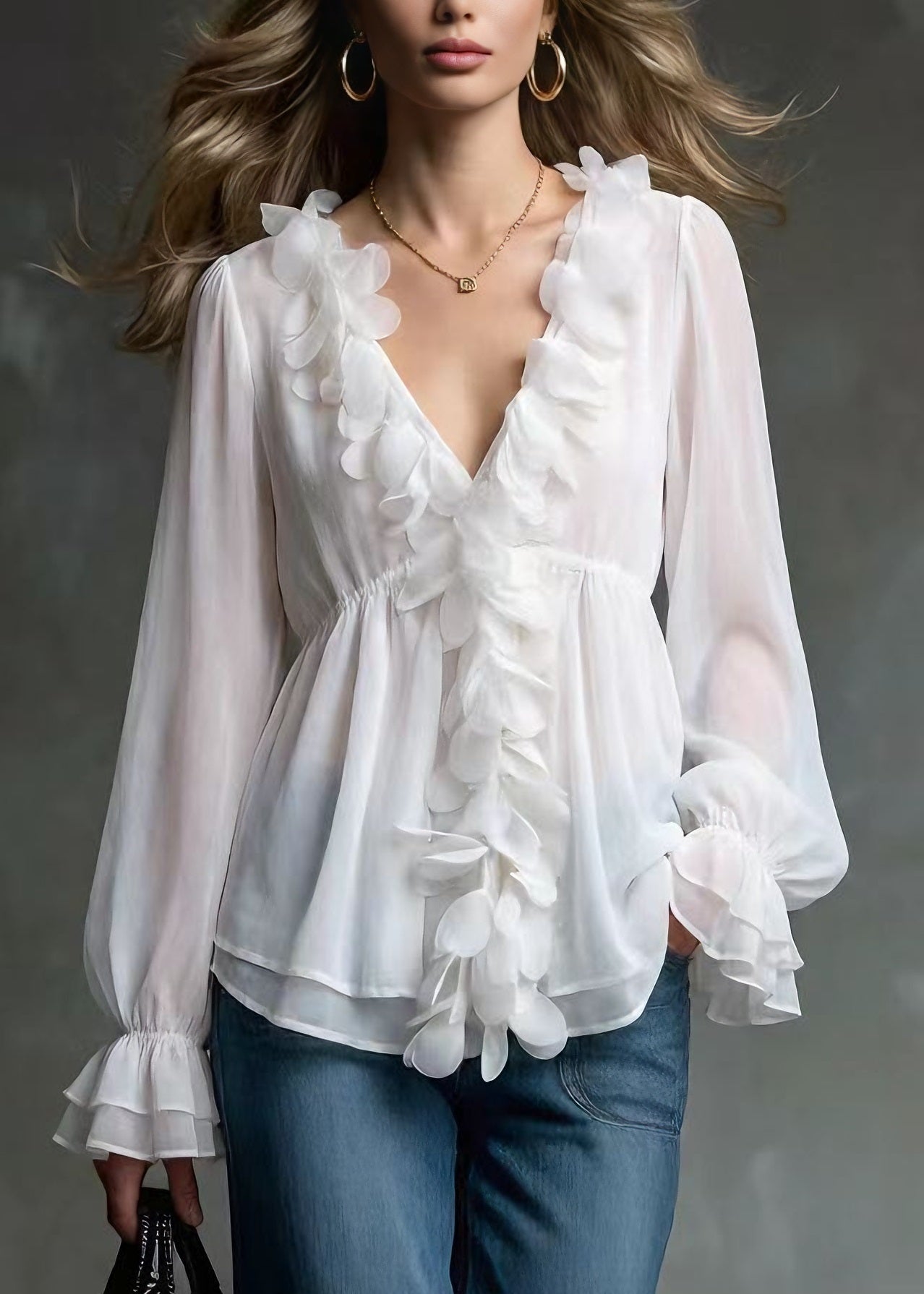 White V Neck Petal Chiffon Shirts Spring