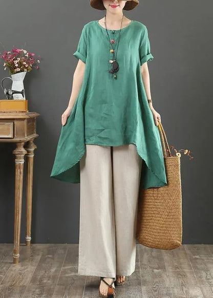 Italian Green Linen Top O Neck Asymmetric Baggy Summer Shirts