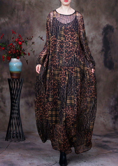 Organic Coffee O-neck Print Maxi Dress and Suspenders Two Pieces Set Fall