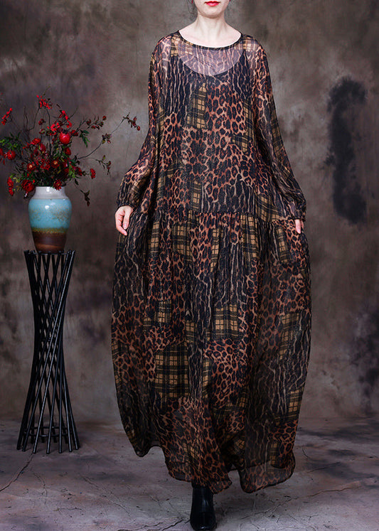 Organic Coffee O-neck Print Maxi Dress and Suspenders Two Pieces Set Fall