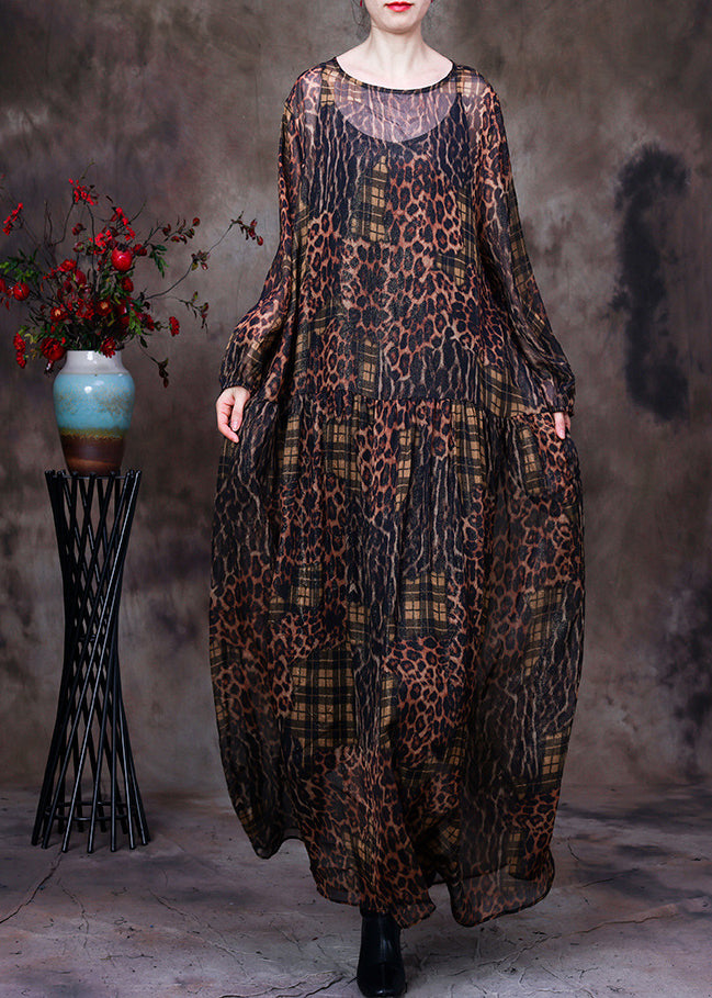 Organic Coffee O-neck Print Maxi Dress and Suspenders Two Pieces Set Fall