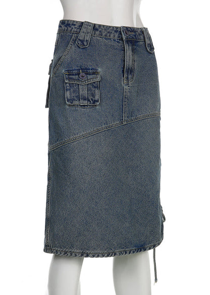 Blue Drawstring Pockets Patchwork Denim Skirt Fall