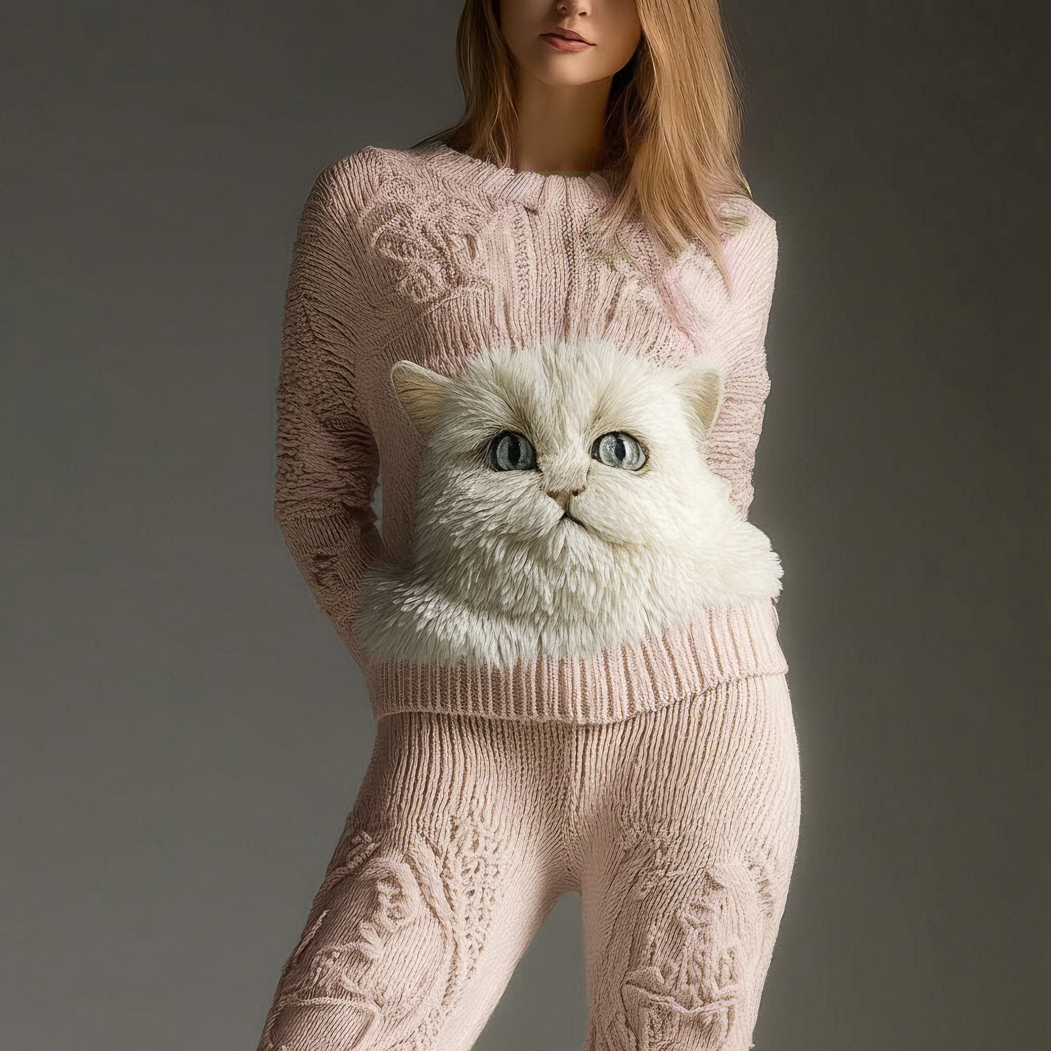 Comstylish Cute Fuzzy Cat Face Embroidered Cozy Knit Sweater