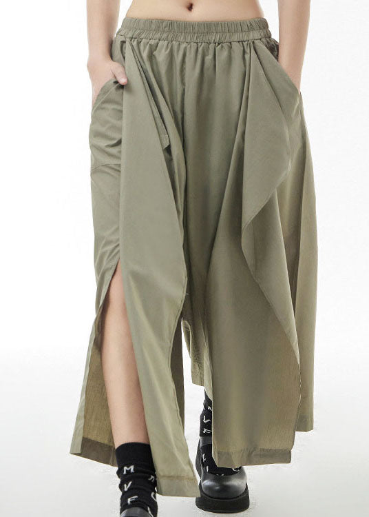Army Green Elastic Waist Side Open Pants Skirt Spring