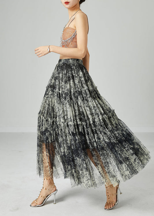 Italian Black Elastic Waist Tie Dye Wrinkled Tulle Skirts Summer