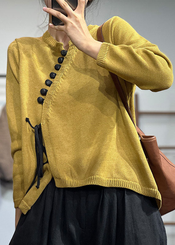 Yellow Asymmetrical Design Lace Up Knit Sweater Tops Winter