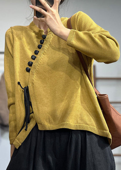 Yellow Asymmetrical Design Lace Up Knit Sweater Tops