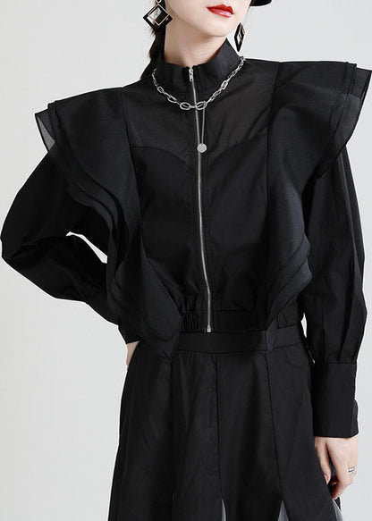 White Zip Up Patchwork Ruffled Cotton Shirt Top Fall