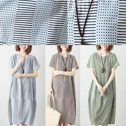 Light Khaki Striped Cotton Tunics for O Neck Patchwork Cotton Summer Dress