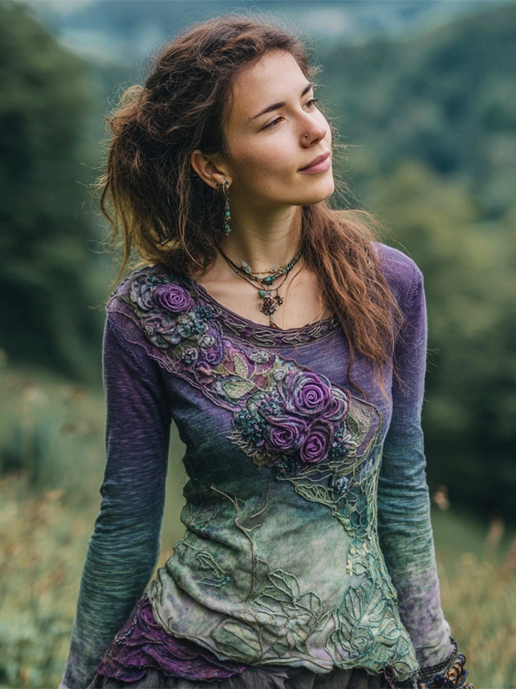 Purple Gradient Floral Tribal Women's Long Sleeve Shirt elevenforest