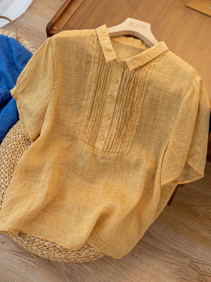 Color Short Sleeve Linen Pleated Top