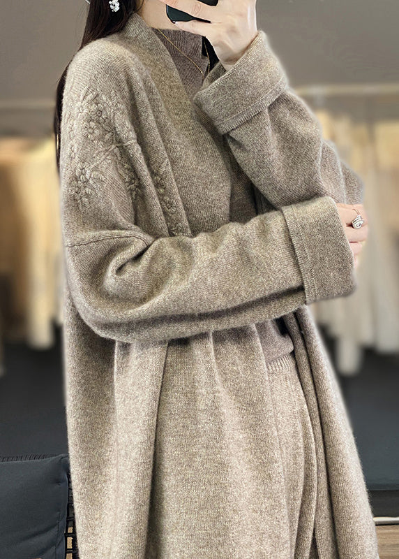 Camel Embroidered Patchwork Cozy Cashmere Cardigan Fall