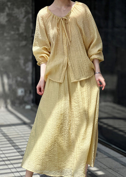 French Yellow Lace Up Tops and Skirts Cotton Two Pieces Set Spring