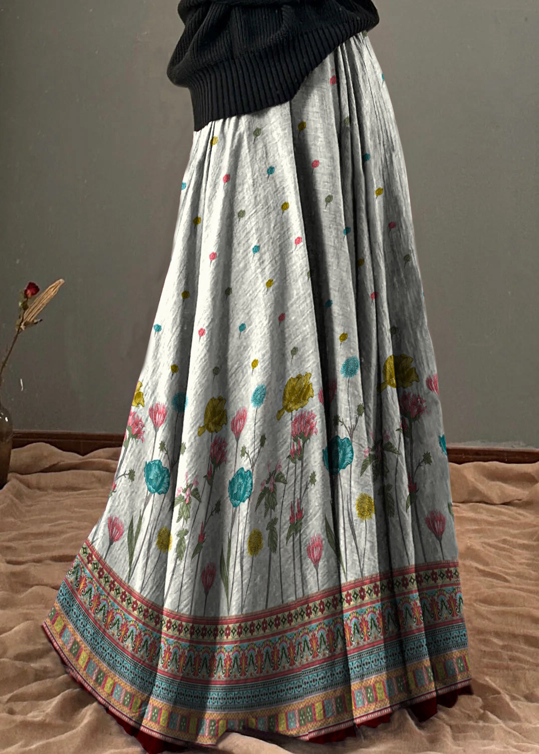 Unique White Polka Dots Elastic Waist Exra Large Hem Cotton Skirt Spring