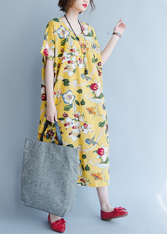 Yellow Midi Linen Dresses Traveling Clothing Back Open Cotton Dresses
