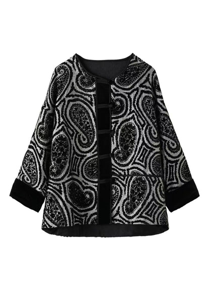 New Grey O Neck Print Button Cotton Coat Outwear Spring