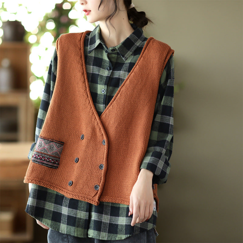 Knit Loose Double-breasted Patch Vest