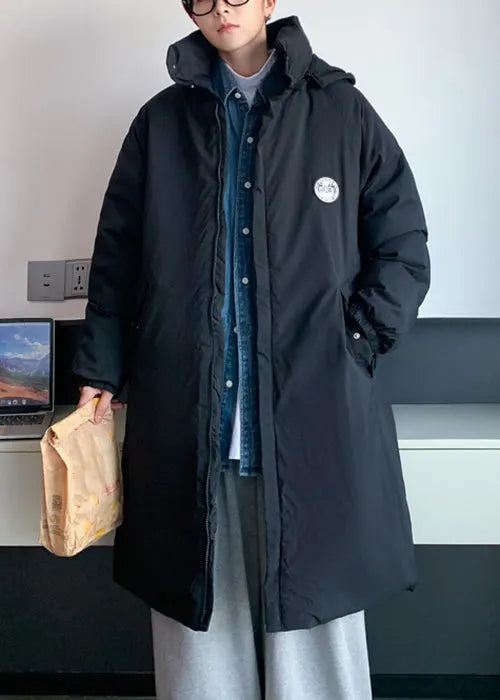 Simple Black Hooded Pockets Coats Parkas Winter